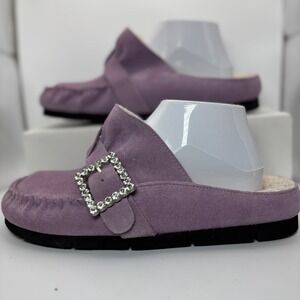 Free People Lavender Suede Slip-On Mules with Rhinestone Buckle